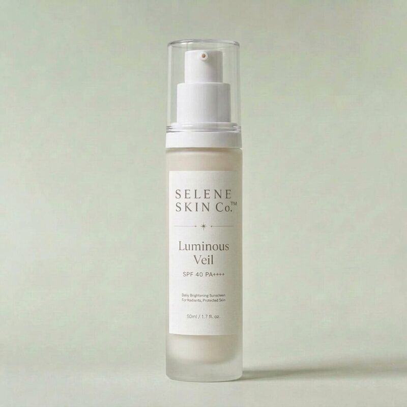 Luminous Veil SPF 40 frosted bottle with white pump skirt and clear over-cap — upright