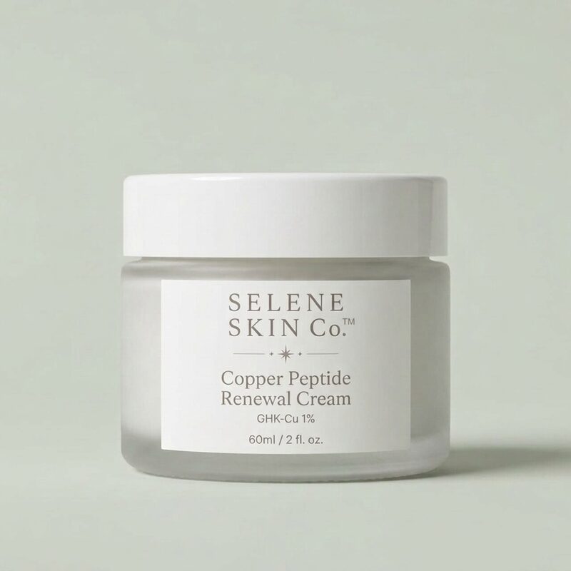 Copper Peptide Renewal Cream frosted glass jar with glossy white lid